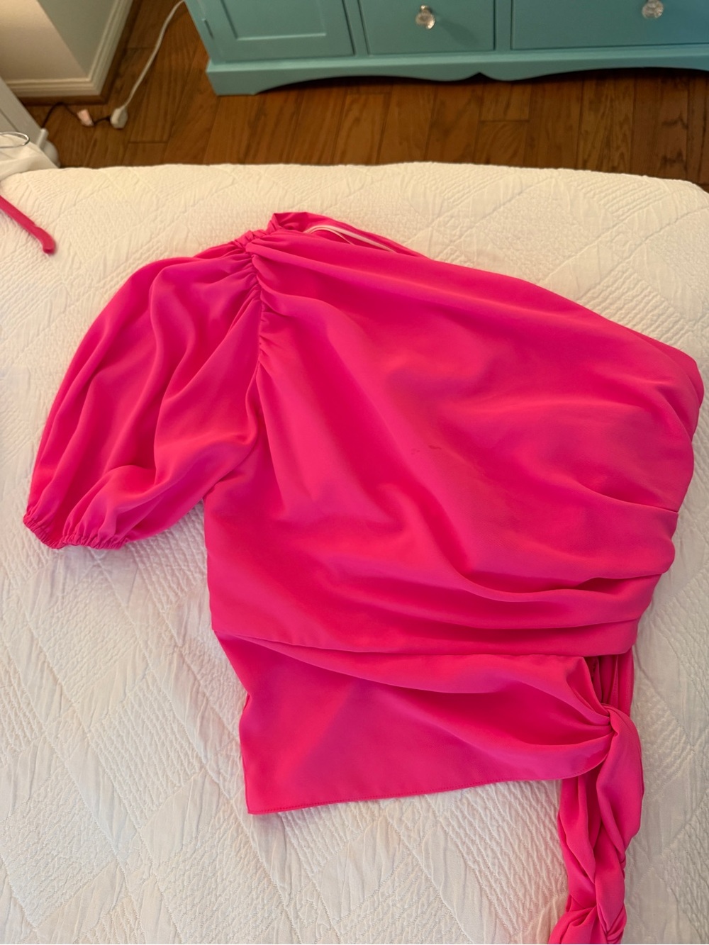 Amanda Uprichard One-Shoulder Hot Pink Twist-Detail Blouse